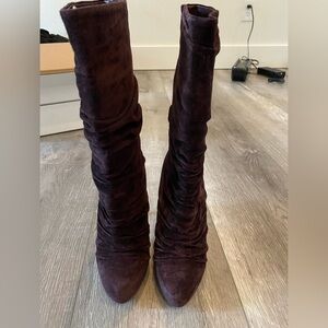 Christian Louboutin Rich Burgundy Suede Slouchy Pilos Boots Mid Calf